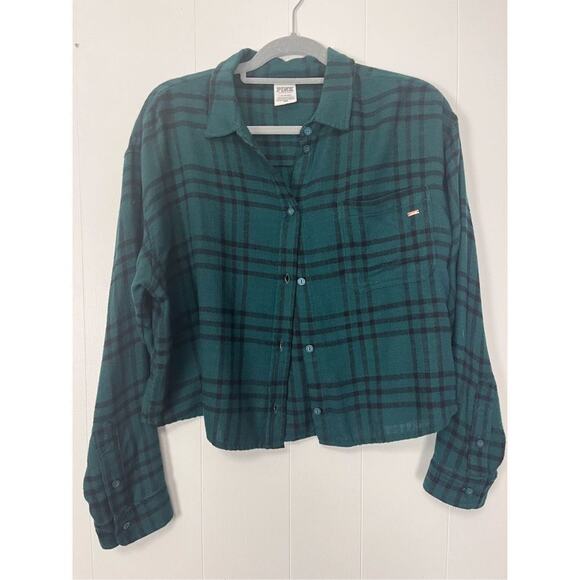 Victoria’s Secret PINK Green Plaid Cropped Button Down Women’s Large - Picture 1 of 13